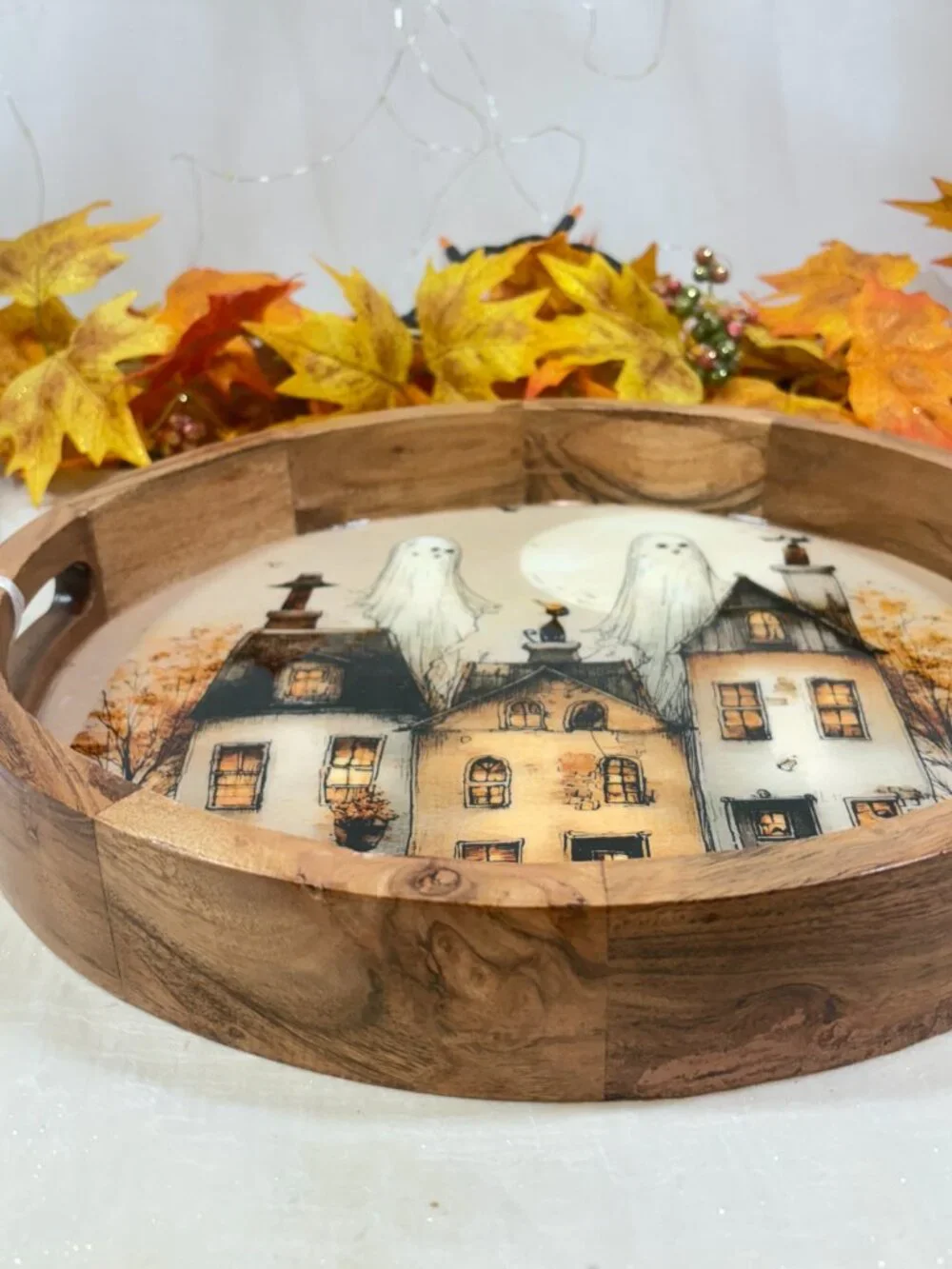 Acacia Wood Round Halloween Ghost & Haunted House 14” Handle Serving Tray